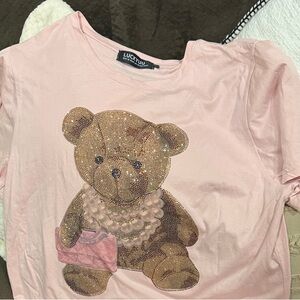 Lucky yuu  Light Pink Teddy Bear Rhinestone Tee blouse size L